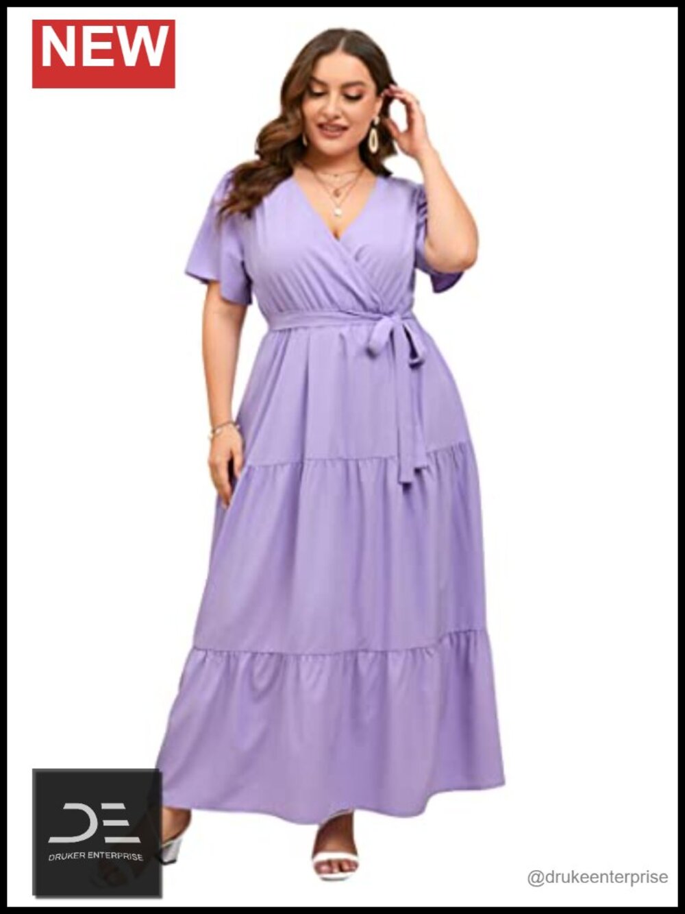 ShopWonder Plus Size V Neck Wrap Maxi Dress Ruffle High Waist with Belt